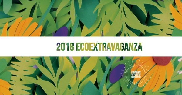 promotional image for 2018 EcoExtravaganza background graphic of orange, blue, yello flowers and greenery