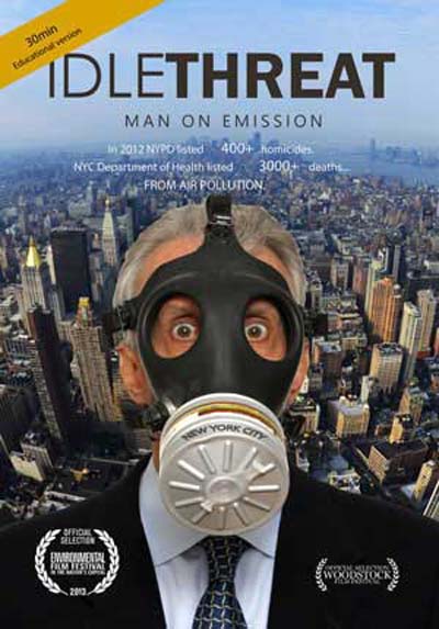 film poster for IdleThreat showing a gray-haired man in a suit wearing a gas mask with a cityscape i n the background