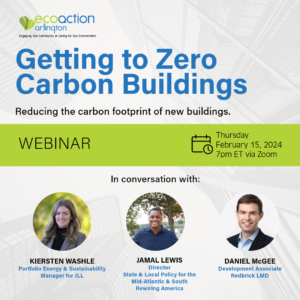 Promotional graphic for webinar Getting to Zero Carbon Buildings on Thursday, February 15, 2024. In conversation with Kiersten Washle, Portfolio Energy & Sustainability Manager for JLL; Jamal Lewis, Director State & Local policy for the Mid-Atlantic and South Rewiring America; Daniel McGee Development Associate, Redbrick LMD