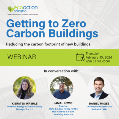 Promotional graphic for webinar Getting to Zero Carbon Buildings on Thursday, February 15, 2024. In conversation with Kiersten Washle, Portfolio Energy & Sustainability Manager for JLL; Jamal Lewis, Director State & Local policy for the Mid-Atlantic and South Rewiring America; Daniel McGee Development Associate, Redbrick LMD