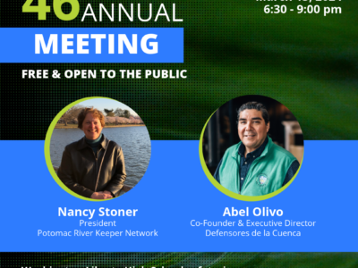 46th Annual Meeting promo graphic with green background with water drop headshots of speakers