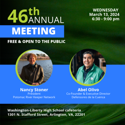 46th Annual Meeting promo graphic with green background with water drop headshots of speakers