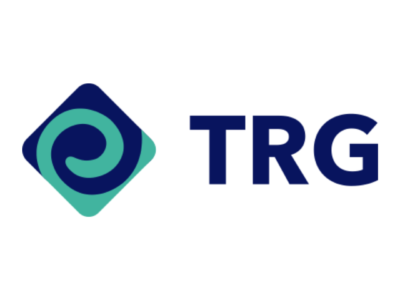 green swirl in a navy diamond TRG logo