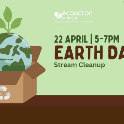 graphic with sage green and brown background. Image of the earth in a cardboard box with a recycling symbol on side of box. ecoaction arlington logo. 22 april | 5-7 pm Earth Day Stream Cleanup