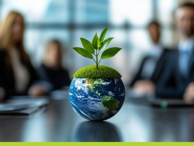 image with a small globe with grass and sprouting leaves on top of the globe in foreground on a conference table, people sit around the table in a blurred background.