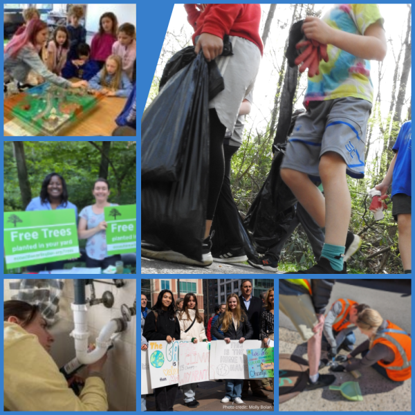 COLLAGE of six photos: upper left Program Manager presenting the Enviroscape to elementary students, center left, Kisha and Tree Ambassador holding up "Free Trees" signs, bottom left: Energy Master volunteer working on bathroom sink, bottom center: advocates holding signs for climate action (photo courtey of Molly Bolan), bottom right: girl scouts marking a storm drain on a curb, featured image: a line of volunteers with black trash bag at a park clean up
