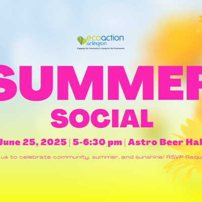 Summer social promotional graphic with ecoaction arlington logo and background colors of yellow and blue with orange flowers