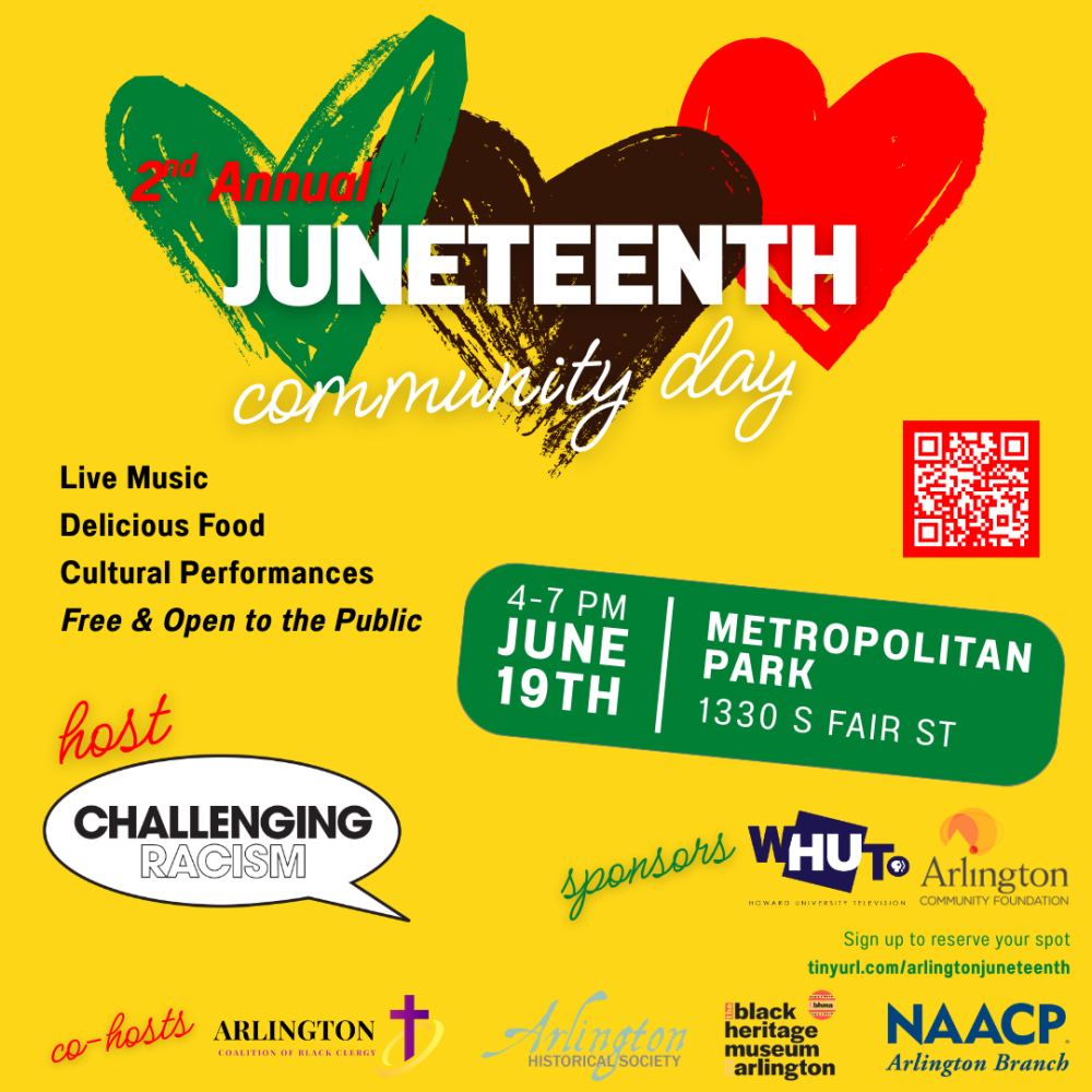 promo graphic for NAACP Juneteenth event yellow background featuring animation of green, black and red hearts