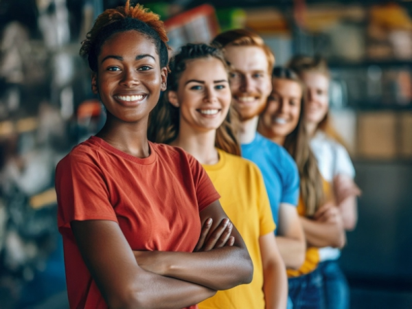image of smiling volunteers in bright colored t-shirts standing in a line with arms folded