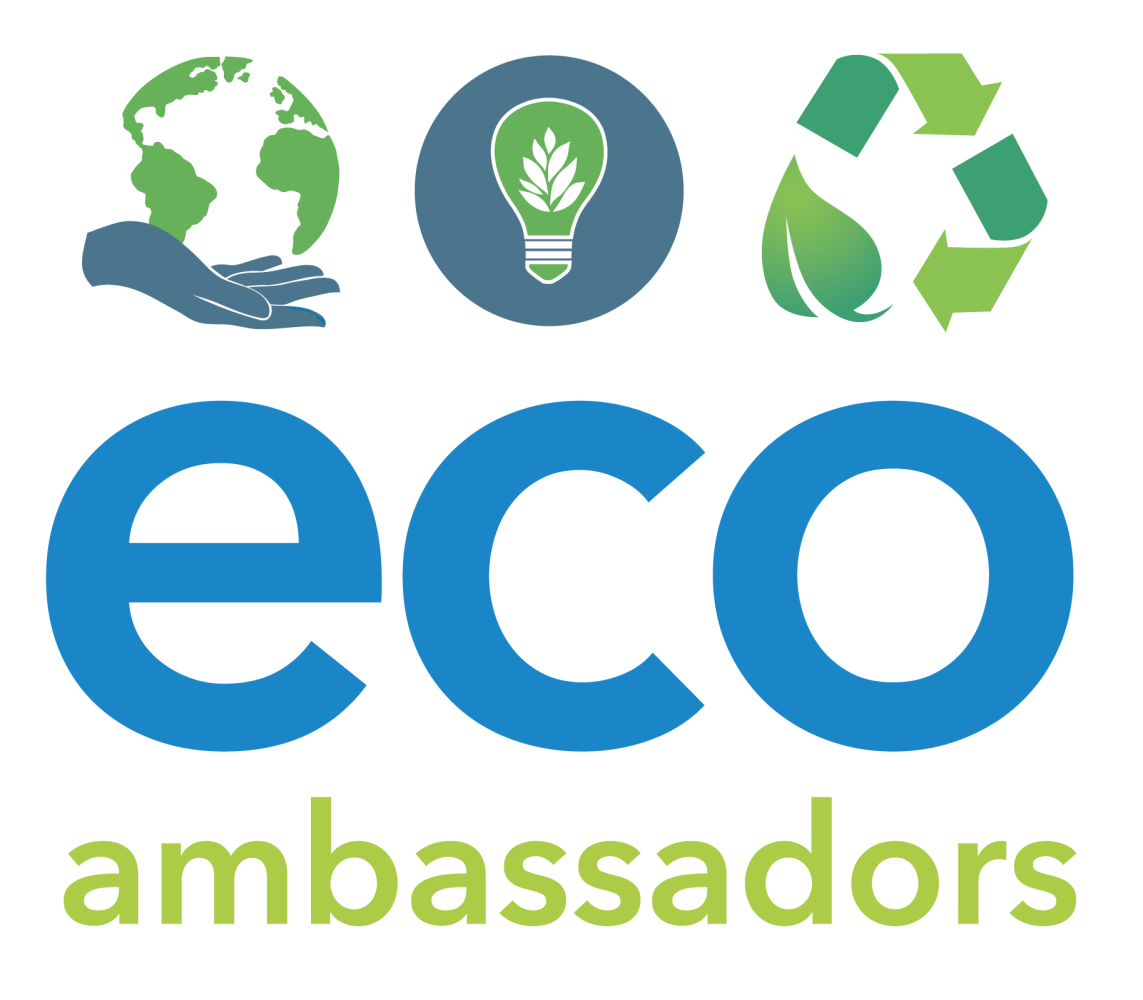 eco ambassadors logo with icons of hand holding globe, lightbulb in a circle, and recycling symbol