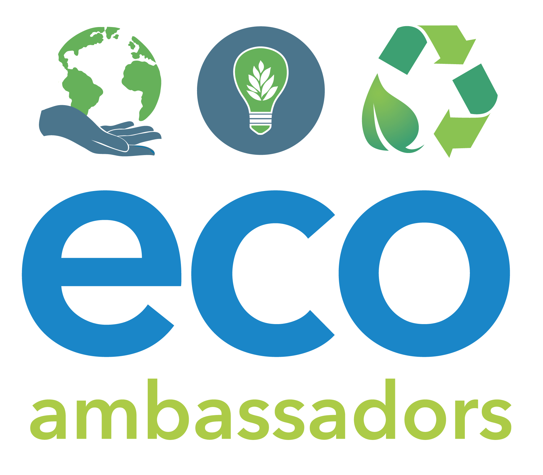 eco ambassadors logo with icons of hand holding globe, lightbulb in a circle, and recycling symbol
