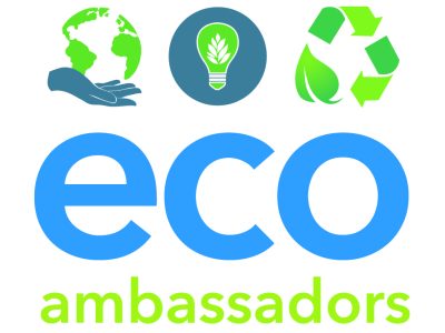 eco ambassadors logo with icons of hand holding globe, lightbulb in a circle, and recycling symbol