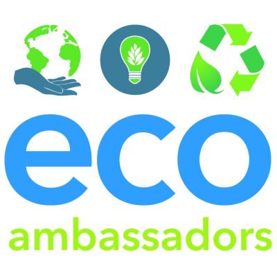eco ambassadors logo with icons of hand holding globe, lightbulb in a circle, and recycling symbol
