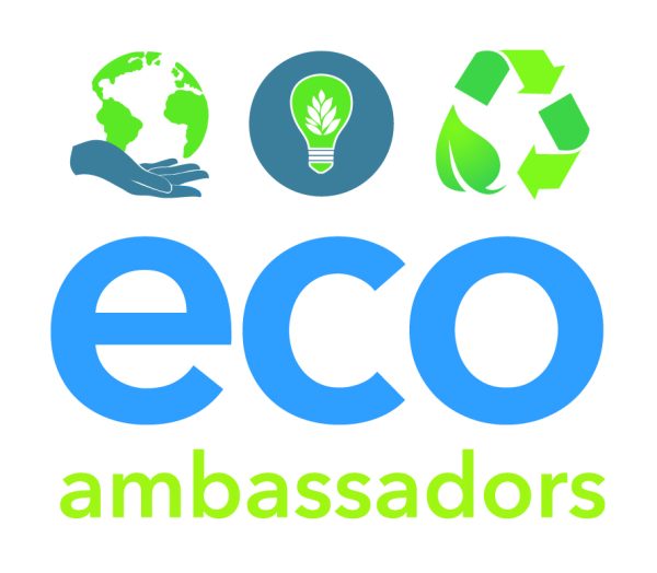 eco ambassadors logo with icons of hand holding globe, lightbulb in a circle, and recycling symbol