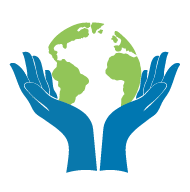 icon of two blue hands holding up a green world