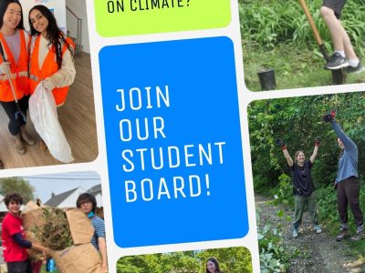 promo graphic with collage photos of teens volunteering. Text reads: Middle & High school students - want to lead on climate? Join Our Student Board! Apps Due extended to August 15
