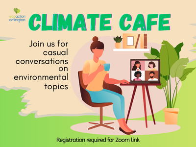 promo graphic for Climate Cafe with tan and green palette with illustration of a person with a top bun holding a mug in front of a laptop depicting a Zoom gallery screen