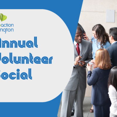 diverse group of people in business clothes mingling, heading reads Annual Volunteer Social with EcoAction Arlington logo