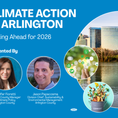 Climate Action in Arlington, Looking Ahead for 2026 title on blue background. Graphics in circles to right: Arlington skyline with river, a hand holding a lightbulb with energy icons hovering around it, a compost bin. Presented by headshot of Jennifer Fioretti, Assistant Count Manager for Climate Policy, Arlington county and headshot of Jason Papacosma, Division Chief, Sustainability & Environmental Management, Arlington County