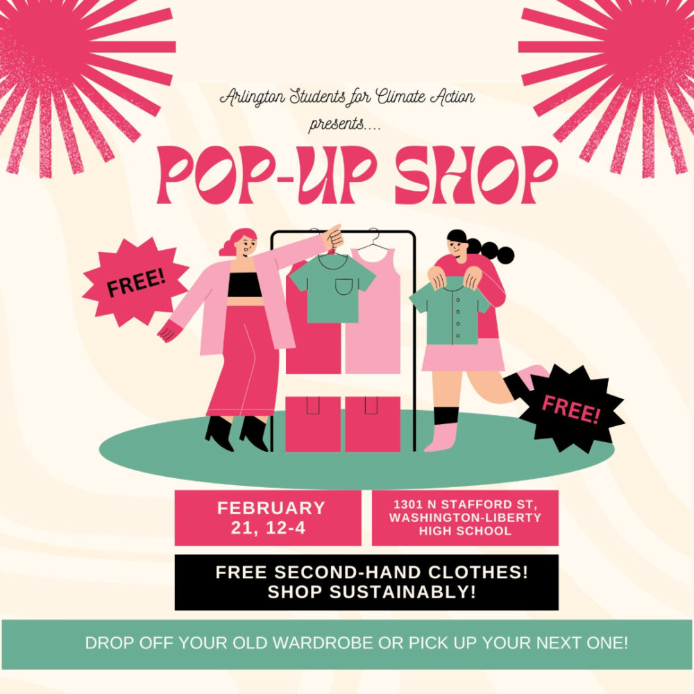graphic of women choosing clothing items from a garment rack with title: Arlington Students for Climate Action presents... Pop-Up Shop