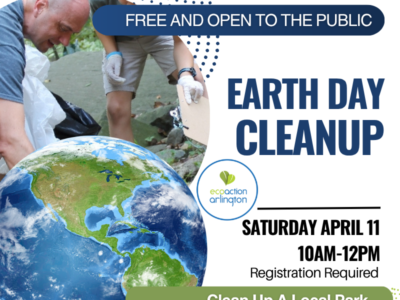 Earth Day Cleanup graphic with image of volunteers picking up trash from a stream and planet earth