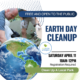 Earth Day Cleanup graphic with image of volunteers picking up trash from a stream and planet earth