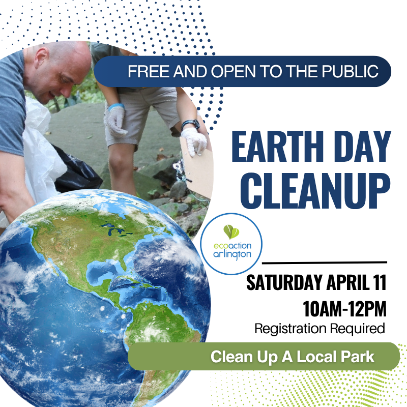 Earth Day Cleanup graphic with image of volunteers picking up trash from a stream and planet earth