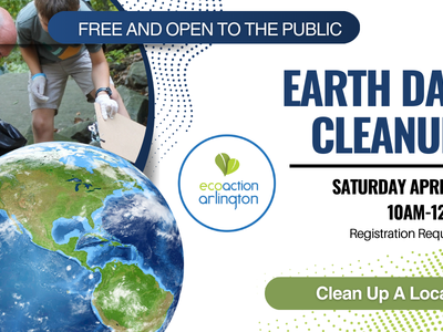 Earth Day Cleanup graphic with image of volunteers picking up trash from a stream and planet earth