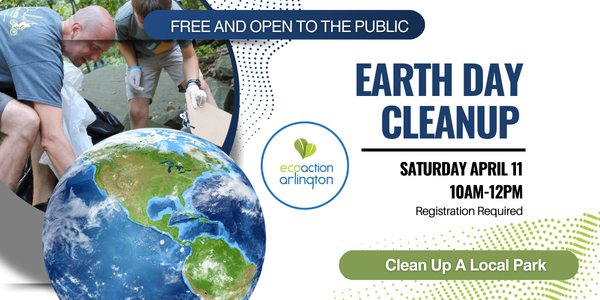 Earth Day Cleanup graphic with image of volunteers picking up trash from a stream and planet earth