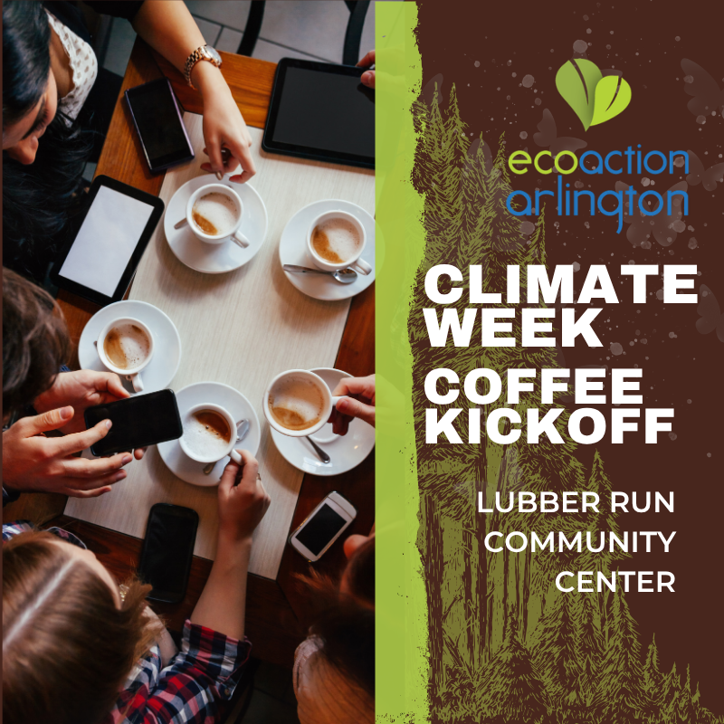 promo graphic for Climate Week Coffee Kickoff with brown background and green stripe and close up image of a table with various coffee cups and saucers and hands reaching for them