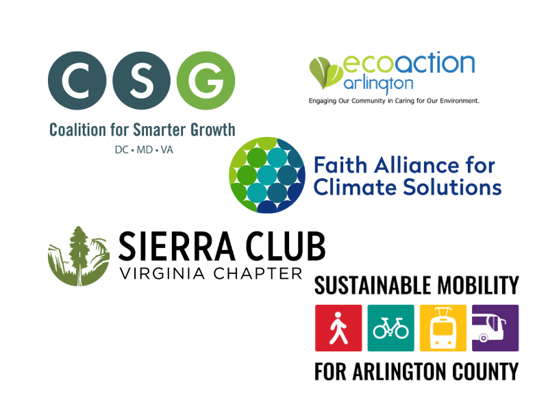 Sponsors for The Future of Sustainable Transit in Northern Virginia: The logo for the Coalition for Smarter Growth, featuring the letters C, S, and G in green circles, with the text "Coalition for Smarter Growth" and "DC • MD • VA" below, EcoAction Arlington logo with the tagline Engaging Our Community in Caring for Our Environment, The logo for Faith Alliance for Climate Solutions features a circular emblem of interconnected circles in shades of green and blue, accompanied by the text "Faith Alliance for Climate Solutions" in dark blue sans-serif font, The Sierra Club Virginia Chapter logo features a green silhouette of a tall evergreen tree against a backdrop of hills and mountains, with the words "SIERRA CLUB" in large black letters above "VIRGINIA CHAPTER" in smaller black letters, Sustainable Mobility for Arlington County logo with icons for walking, biking, a tram, and a bus.