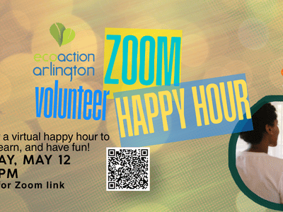promo graphic with gold background and image of woman on laptop for ecoaction arlington Zoom happy hour with trivia
