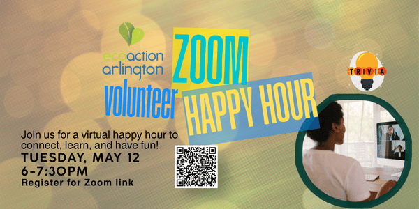 promo graphic with gold background and image of woman on laptop for ecoaction arlington Zoom happy hour with trivia
