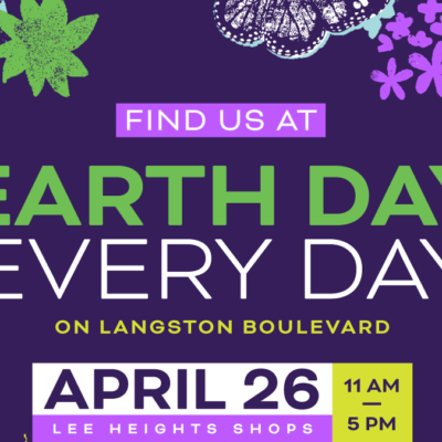 promo banner for LBA Earth Day Every Day April 26 with dark purple background and colorful floral border