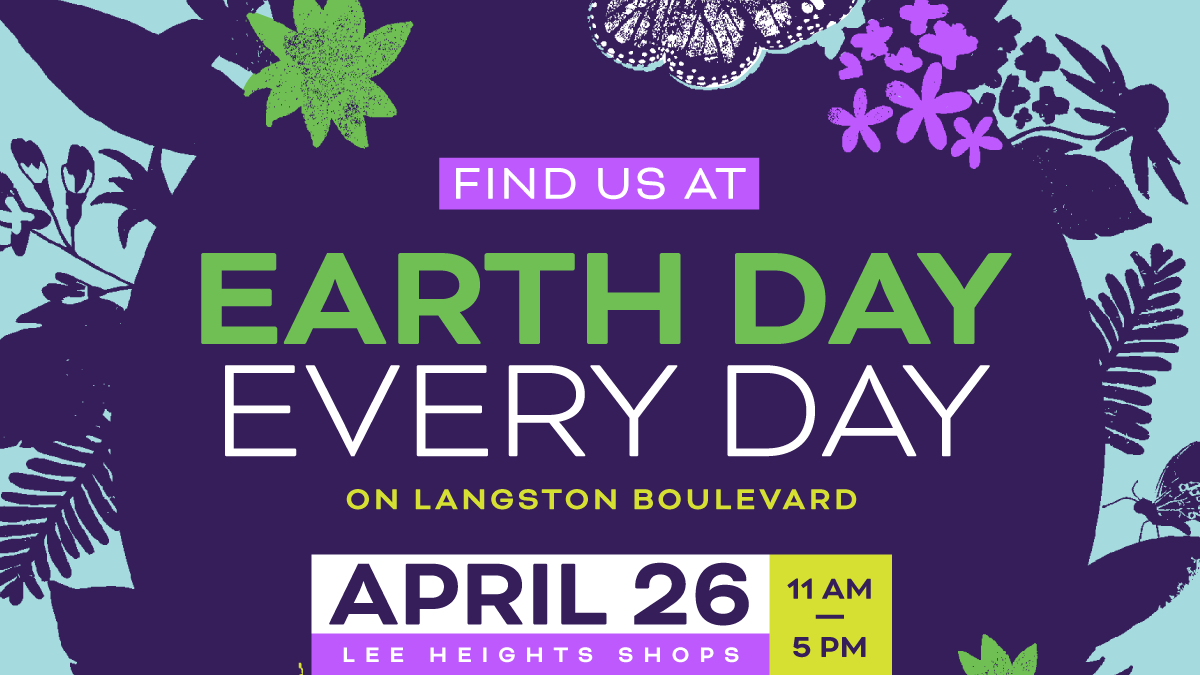 promo banner for LBA Earth Day Every Day April 26 with dark purple background and colorful floral border