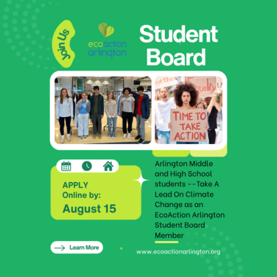 Group of diverse students standing indoors promoting EcoAction Arlington's Student Board and climate leadership.