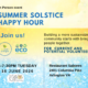 promo graphic with sand and water background colors promoting the in-person Summer Solstice Happy Hour at Sabores on Tuesday, June 16 hosted by EcoAction Arlington and EcoAmbassadors