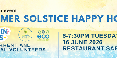 promo graphic with sand and water background colors promoting the in-person Summer Solstice Happy Hour at Sabores on Tuesday, June 16 hosted by EcoAction Arlington and EcoAmbassadors
