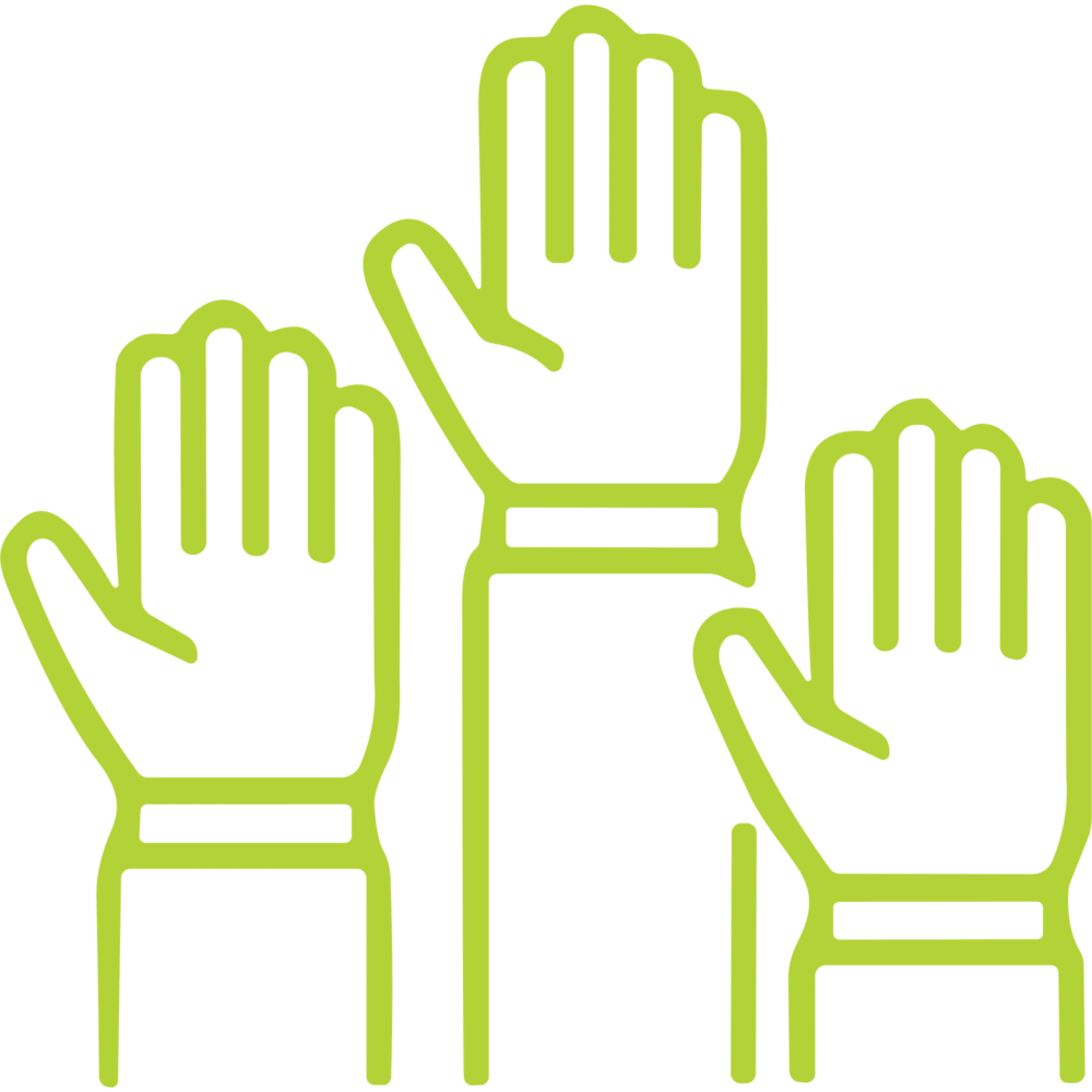 icon in bright green of 3 raised hands with palms facing forward