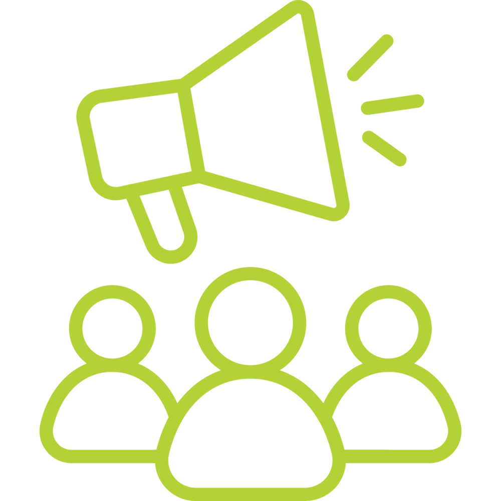 icon with line drawing of 3 bodies with a megaphone above them