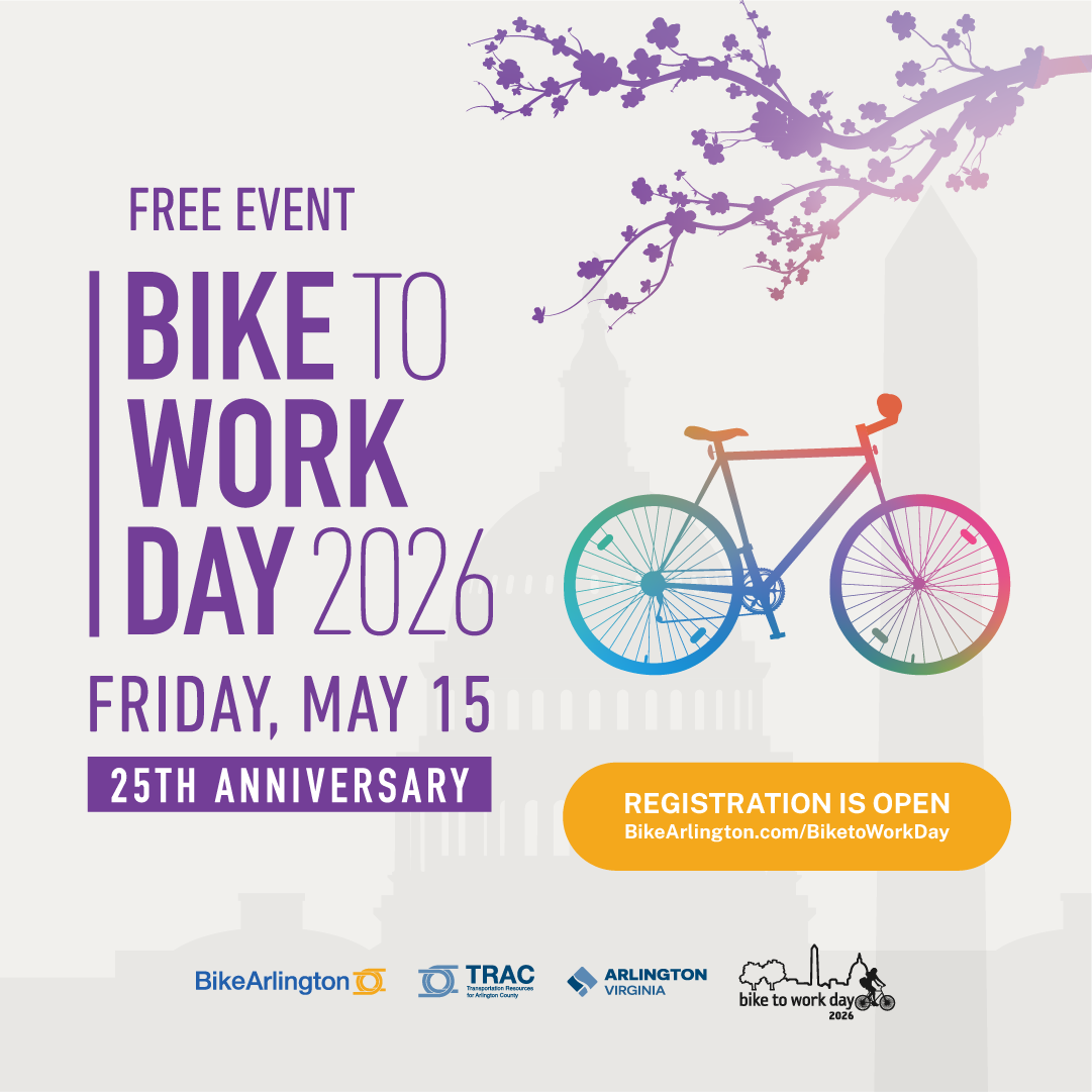 Bike to work promotional graphic with drawing of a bicycle and purple floral decoration