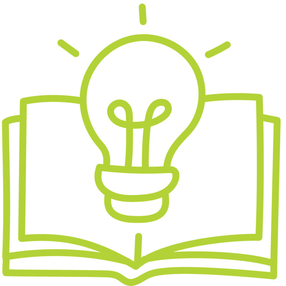 line drawn image in bright green of an open book with a light bulb in the center