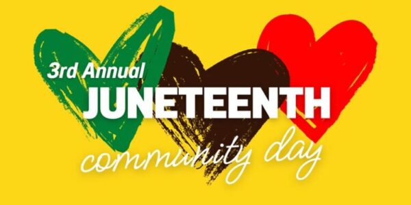 3rd Annual Juneteenth Community Day with yellow background and 3 colored hearts in green, black and red