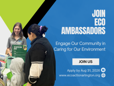 Three people engage at an eco-friendly booth promoting eco-friendly behaviors with a call to join Eco Ambassadors by August 31, 2026.