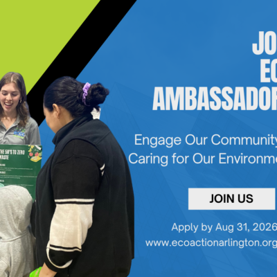 Three people engage at an eco-friendly booth promoting eco-friendly behaviors with a call to join Eco Ambassadors by August 31, 2026.