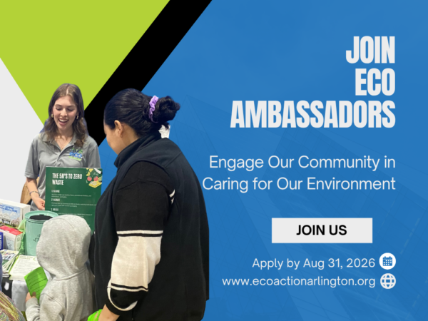 Three people engage at an eco-friendly booth promoting eco-friendly behaviors with a call to join Eco Ambassadors by August 31, 2026.
