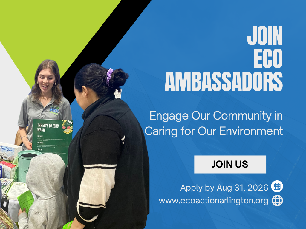 Three people engage at an eco-friendly booth promoting eco-friendly behaviors with a call to join Eco Ambassadors by August 31, 2026.