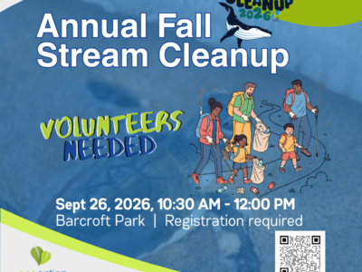 graphic with sea turtle on the sand background and green and white decorative banners. The title reads Annual Fall Stream, Volunteers needed. with a graphic of A family hiking on a winding trail, with a man carrying a backpack, a child holding a drink, and another adult holding a hiking pole, the ecoaction arlington logo and a QR code.