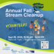 graphic with sea turtle on the sand background and green and white decorative banners. The title reads Annual Fall Stream, Volunteers needed. with a graphic of A family hiking on a winding trail, with a man carrying a backpack, a child holding a drink, and another adult holding a hiking pole, the ecoaction arlington logo and a QR code.