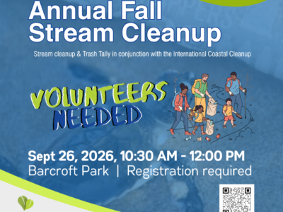 graphic with sea turtle on the sand background and green and white decorative banners. The title reads Annual Fall Stream, Volunteers needed. with a graphic of Family members walking along a trail while collecting litter into bags and bins, with scattered trash on the ground, the ecoaction arlington logo and a QR code.